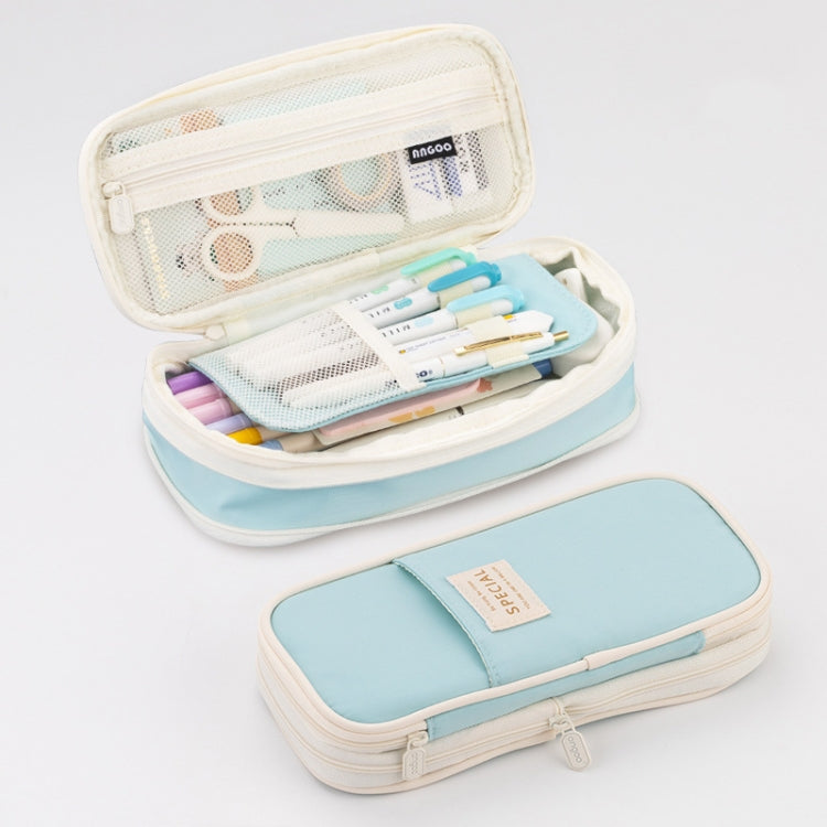 Angoo Macaron Double-layer Retractable Large-capacity Pencil Case Stationery Box(Light Blue)
