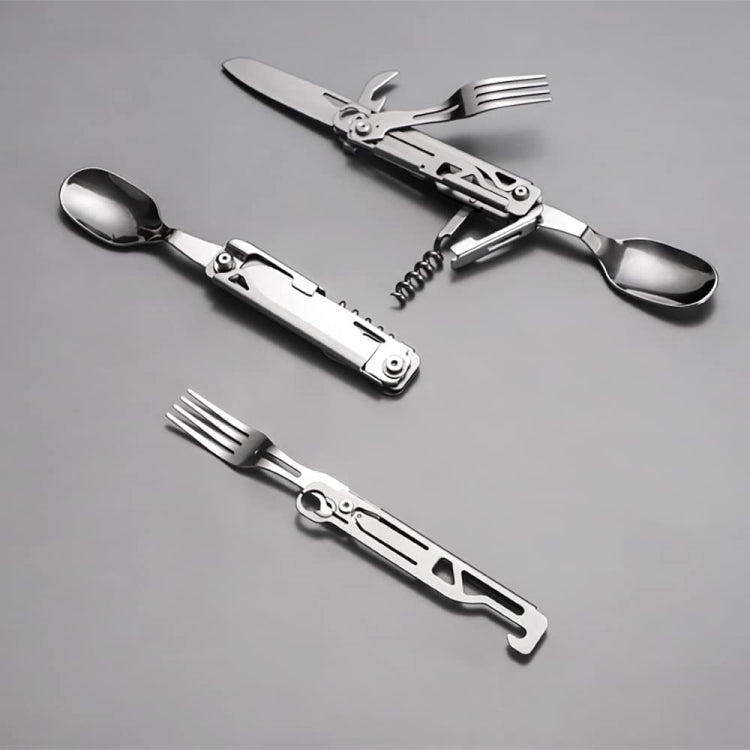 6-in-1 Folding Tableware (Fork/Knife/Spoon/Bottle Opener) for Camping and Survival(Silver)