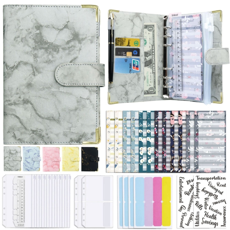 A6 Binder Budget Book Marbled Notebook PU Leather Binder(Gray)