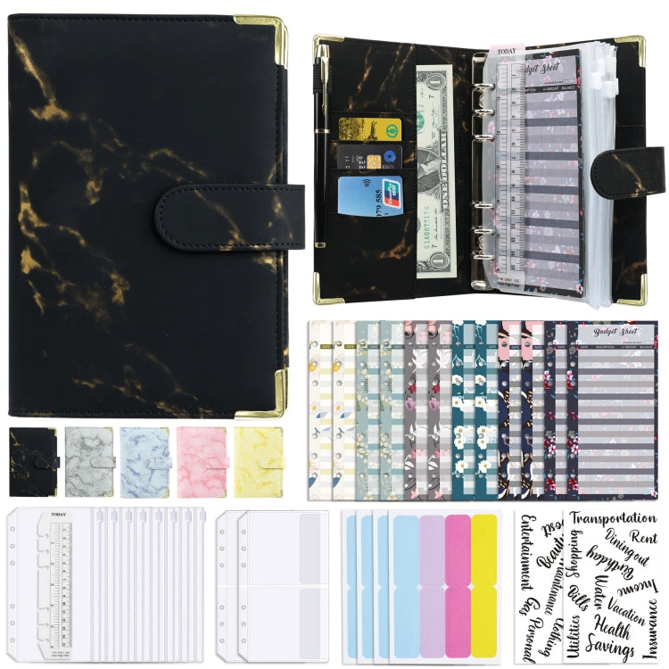 A6 Binder Budget Book Marbled Notebook PU Leather Binder(Black)