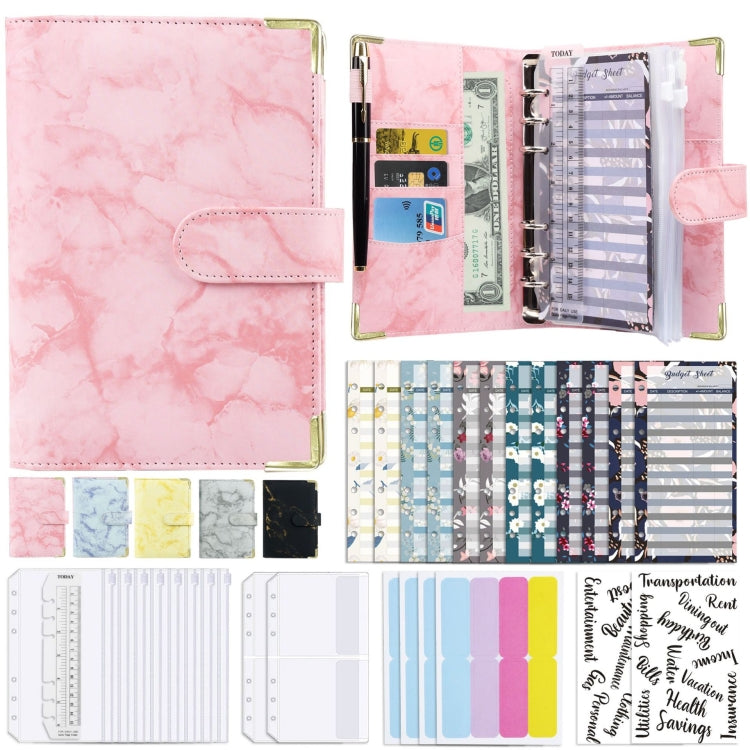 A6 Binder Budget Book Marbled Notebook PU Leather Binder(Pink)