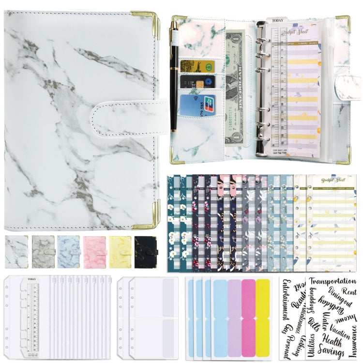 A6 Binder Budget Book Marbled Notebook PU Leather Binder(White)
