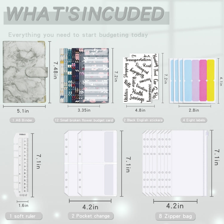 A6 Binder Budget Book Marbled Notebook PU Leather Binder(White)