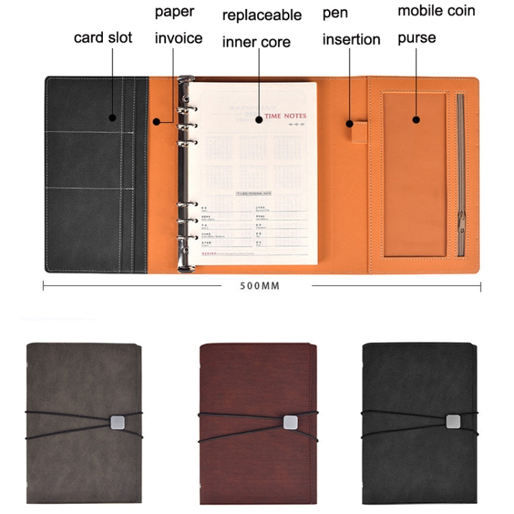 A5 Business Loose-leaf Notebook Office Stationery Leather PU Notepad(Light Coffee)
