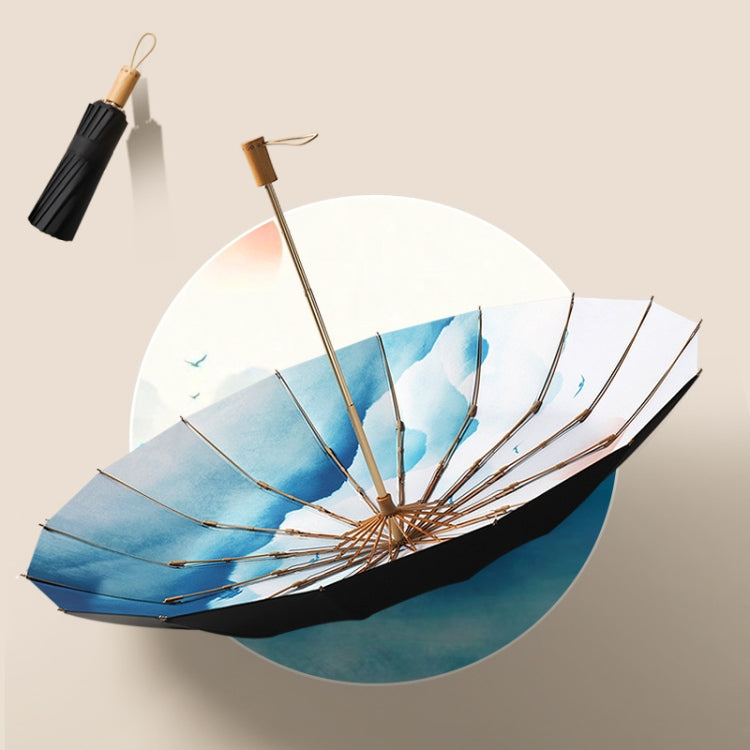 Retro Tri-Fold Wooden Handle 16-Bone Folding Sunscreen Parasol(Sunset Mountains)