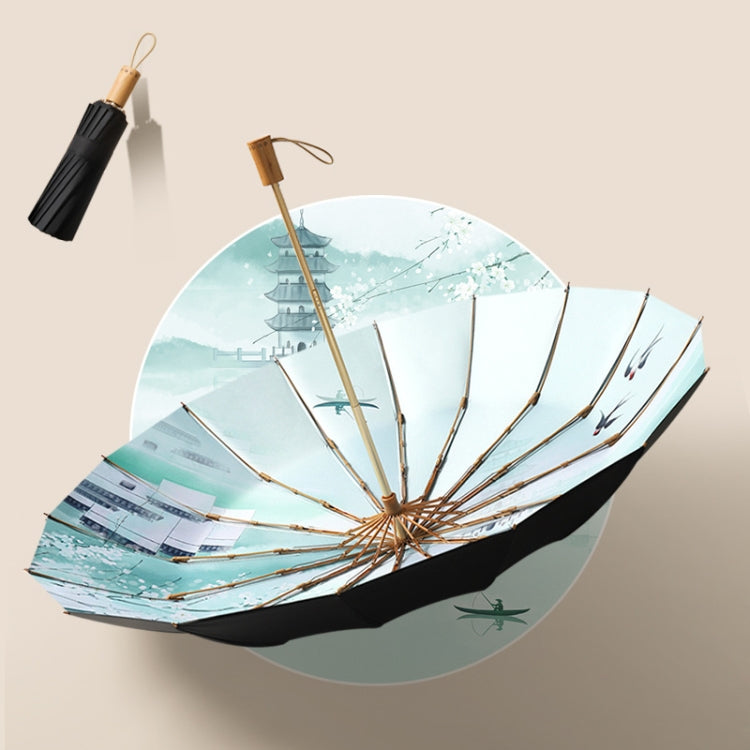 Retro Tri-Fold Wooden Handle 16-Bone Folding Sunscreen Parasol(Jiangnan Yi)