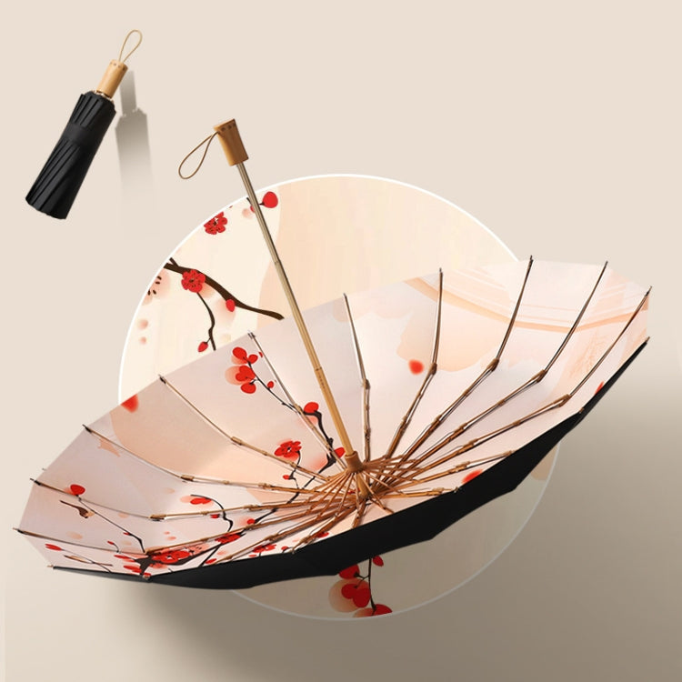 Retro Tri-Fold Wooden Handle 16-Bone Folding Sunscreen Parasol(Ao Hanmei)