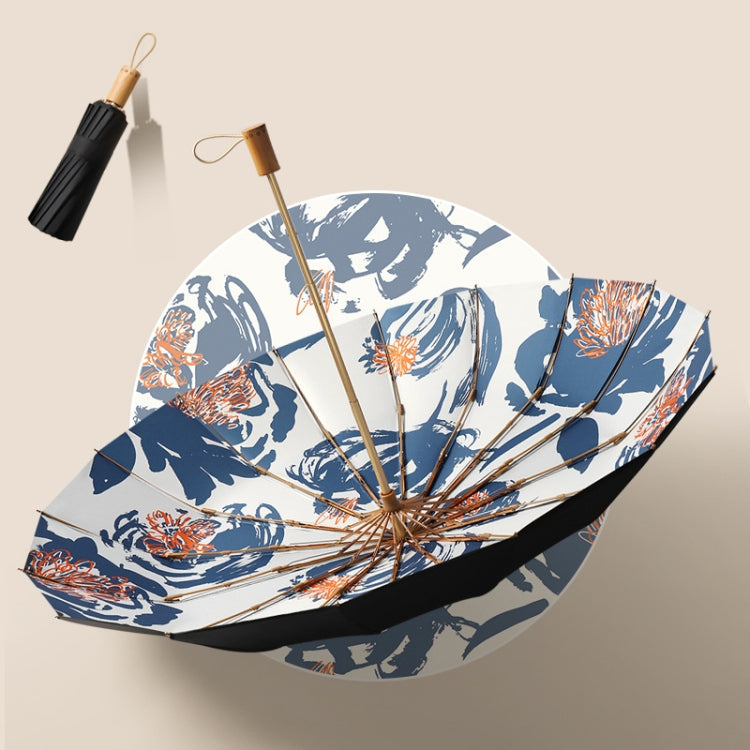 Retro Tri-Fold Wooden Handle 16-Bone Folding Sunscreen Parasol(Chrysanthemum City)