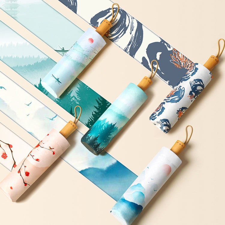 Retro Tri-Fold Wooden Handle 16-Bone Folding Sunscreen Parasol(Ao Hanmei)