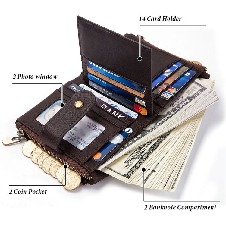 BP804 RFID Anti-Theft Wallet Multi-Function Buckle Zipper Retro Leisure Coin Purse(Brown)