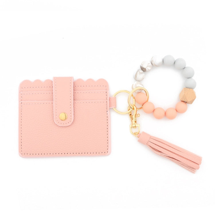 PU Tassel Silicone Bead Bracelet Wallet With Keychain, Color: Pink