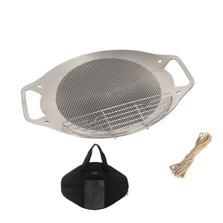 NOBANA Outdoor BBQ Pan Camping Stainless Steel Frying Pan, Style: BBQ Pan+BBQ Net+Hemp Rope