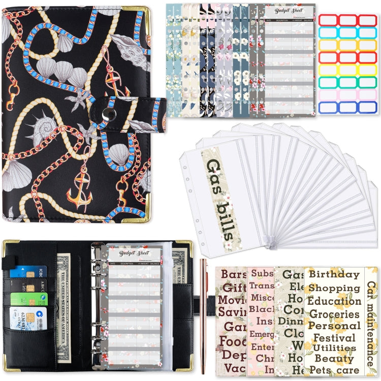 A6 PU Leather Color Printing Notebook Zipper Bag Loose-leaf Budget Binder(Chain-Black)