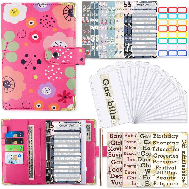 A6 PU Leather Color Printing Notebook Zipper Bag Loose-leaf Budget Binder(Flower-Rose Red)