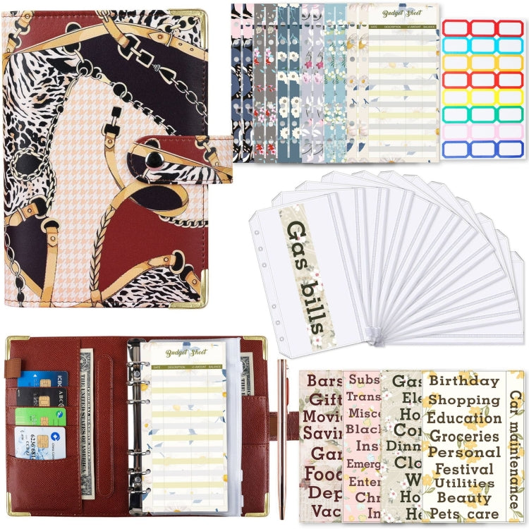 A6 PU Leather Color Printing Notebook Zipper Bag Loose-leaf Budget Binder(Leopard Proter-Brown)