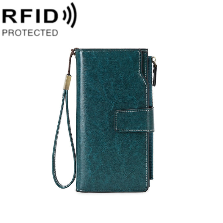 1669 RFID Anti-magnetic Anti-theft Retro Long Wallet Card Holder Document Bag(Peacock Blue)
