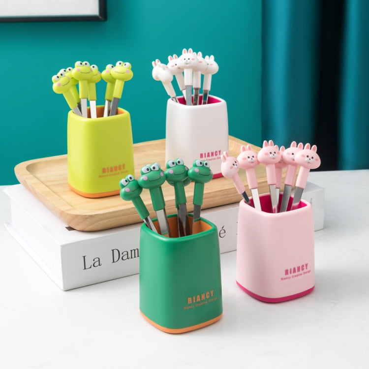 6 Forks + Base Set Stainless Steel Safe Portable Small Fork(Green)