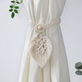 Hand Braided Wooden Bead Curtain Tie Free Buckle Tassel Tie Rope 13x40cm(Beige)
