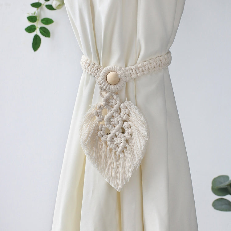Hand Braided Wooden Bead Curtain Tie Free Buckle Tassel Tie Rope 13x40cm(Beige)
