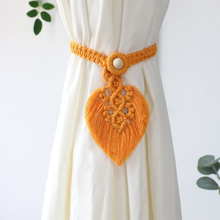 Hand Braided Wooden Bead Curtain Tie Free Buckle Tassel Tie Rope 13x40cm(Yellow)
