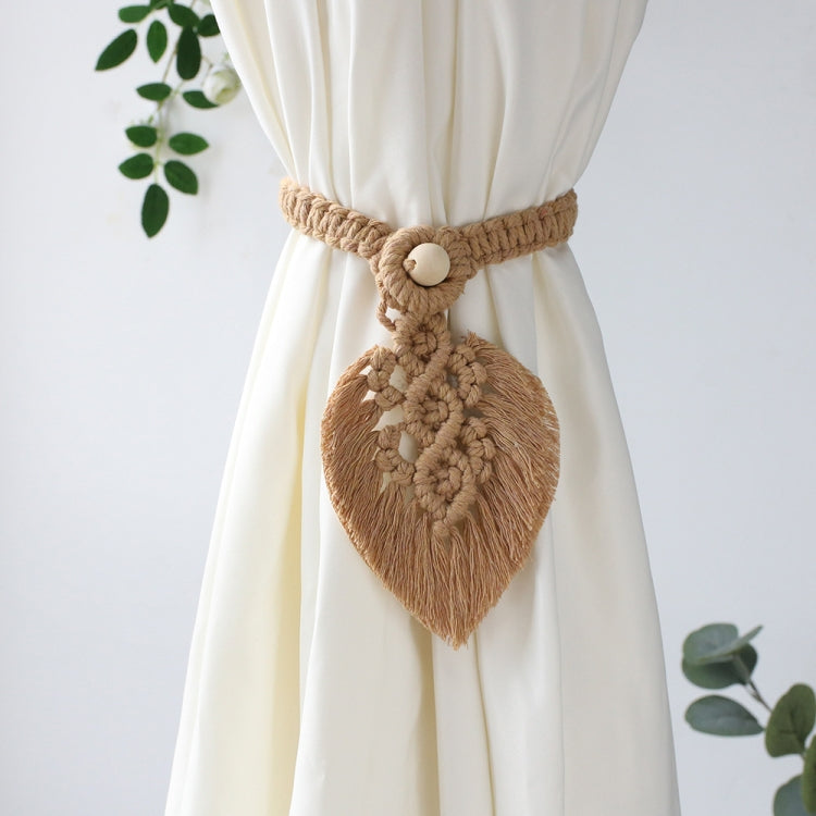 Hand Braided Wooden Bead Curtain Tie Free Buckle Tassel Tie Rope 13x40cm(Coffee)