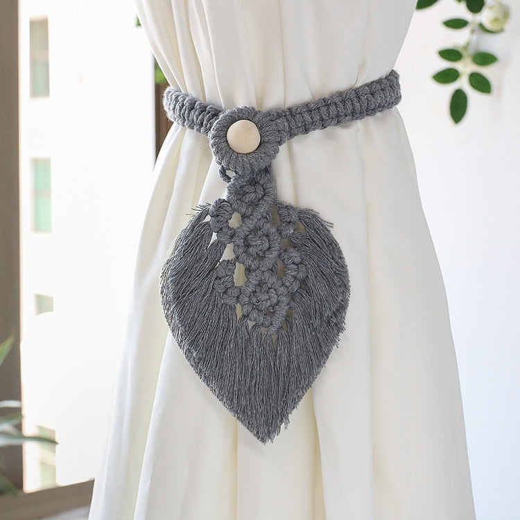 Hand Braided Wooden Bead Curtain Tie Free Buckle Tassel Tie Rope 13x40cm(Grey)