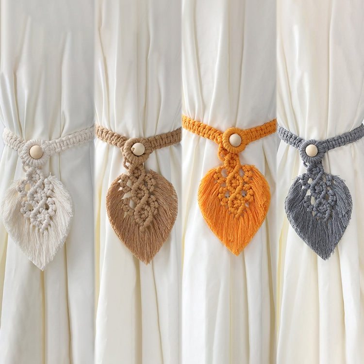 Hand Braided Wooden Bead Curtain Tie Free Buckle Tassel Tie Rope 13x40cm(Yellow)