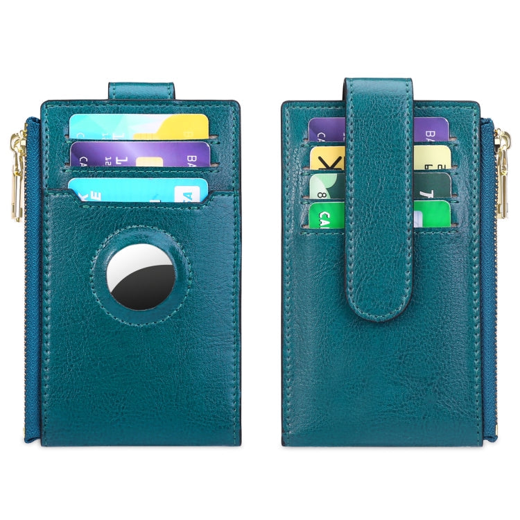 Two Layer Oil Waxed Leather Zip RFID  Coin Purse Tracker Card Holder For AirTag(Wine Red)