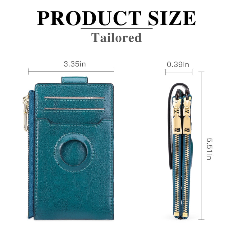 Two Layer Oil Waxed Leather Zip RFID  Coin Purse Tracker Card Holder For AirTag(Peacock Blue)