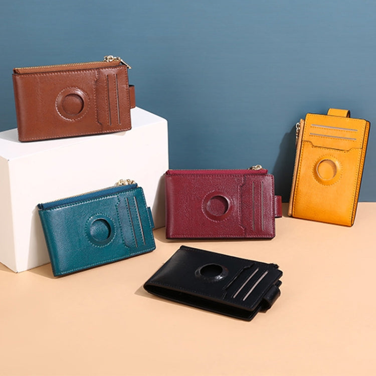 Two Layer Oil Waxed Leather Zip RFID  Coin Purse Tracker Card Holder For AirTag(Wine Red)