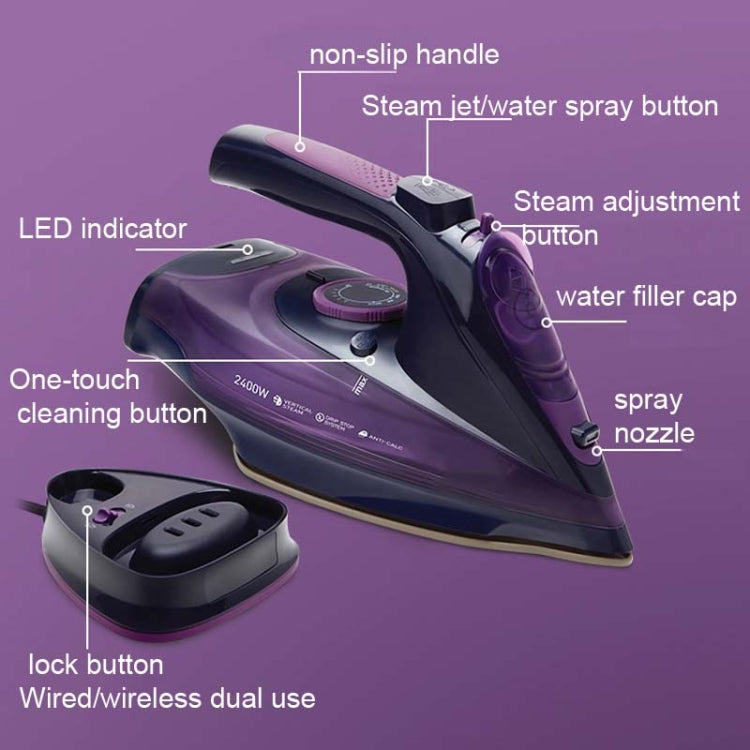 2400W Household Wireless Iron Handheld Steam Iron Garment Steamer,EU Plug(Purple)