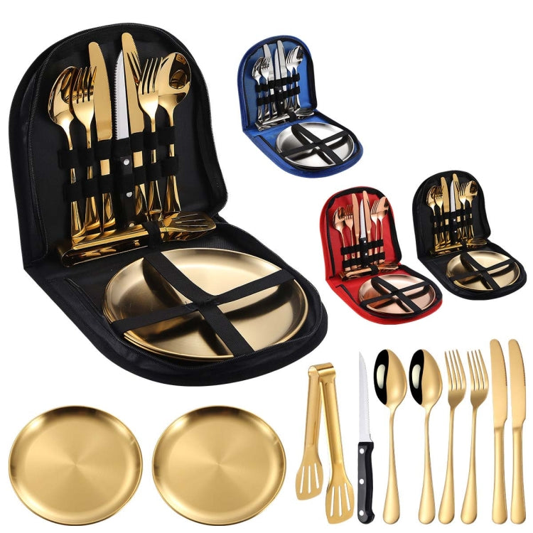 Stainless Steel Portable Cutlery Set Western Steak Knife Fork Spoon Set,Color: Blue Gold