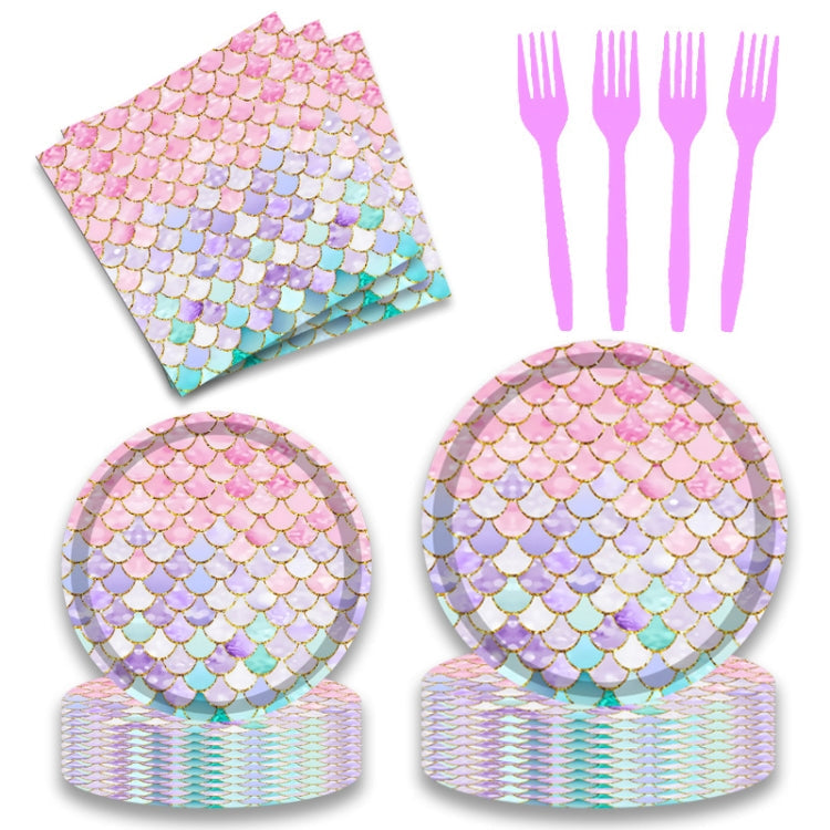 9 In 1 Fish Scale Mermaid Birthday Party Supplies Tissue Paper Plate Cutlery Set(16 People Suit)