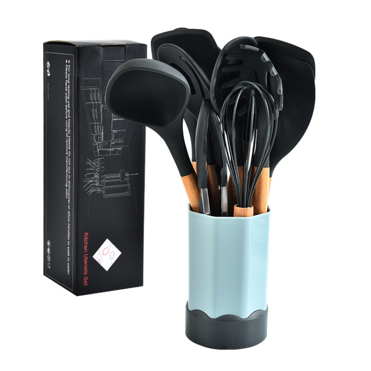 Beech Wood Silicone Kitchen Set With Storage Bucket(Dark Gray)