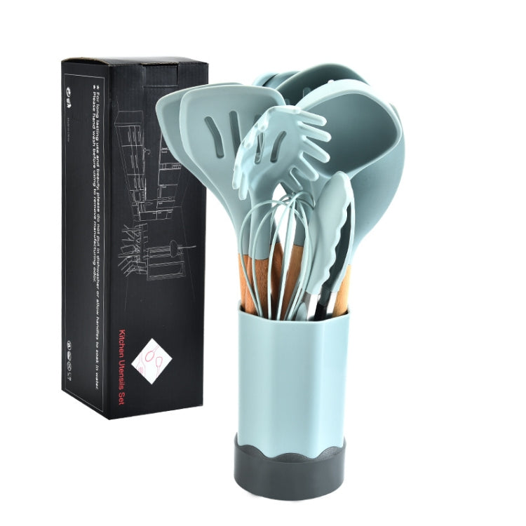 Beech Wood Silicone Kitchen Set With Storage Bucket(Gray Blue)