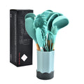 Beech Wood Silicone Kitchen Set With Storage Bucket(Green)