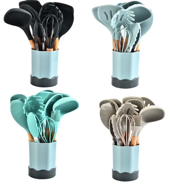 Beech Wood Silicone Kitchen Set With Storage Bucket(Khaki)