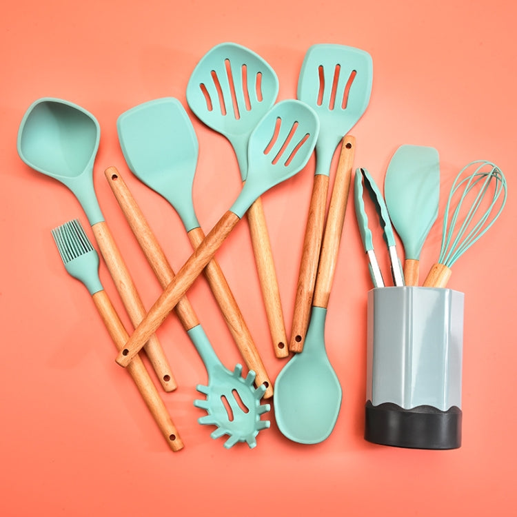Beech Wood Silicone Kitchen Set With Storage Bucket(Khaki)