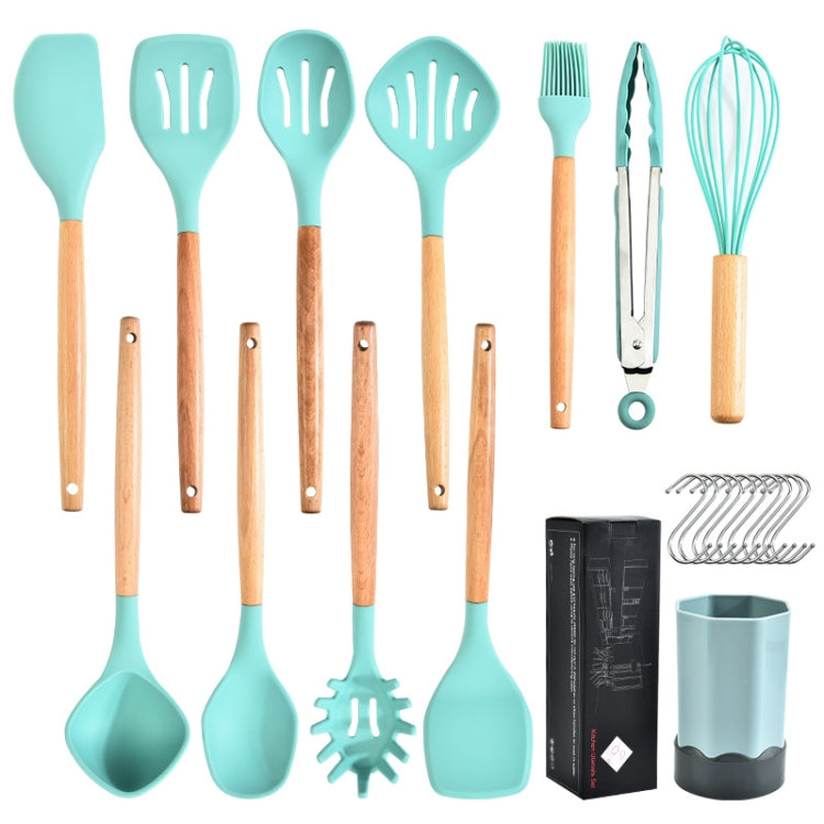 Beech Wood Silicone Kitchen Set With Storage Bucket(Khaki)