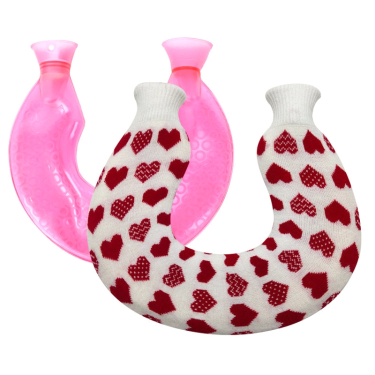 U-shaped PVC Hot Compress Shoulder And Neck Explosion-proof Water Injection Hot Water Bag(Rose Red + White Love Knitted)