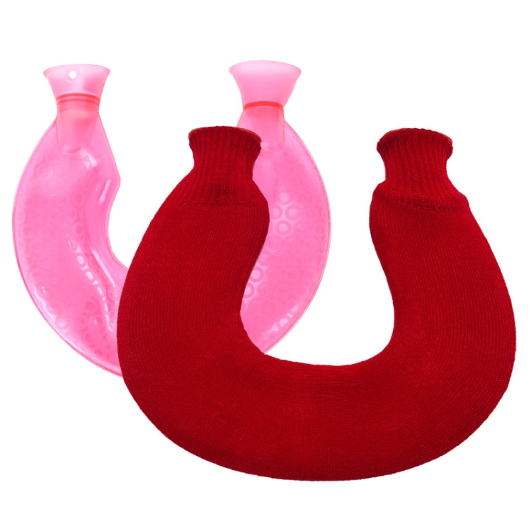 U-shaped PVC Hot Compress Shoulder And Neck Explosion-proof Water Injection Hot Water Bag(Rose Red + Christmas Red Knitted)
