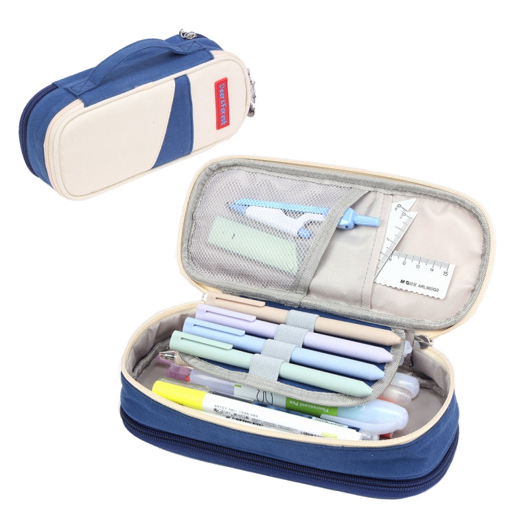 Deer Forest BL-A003 Macaron Large-capacity Double-layer Canvas Pencil Case Stationery Box(Navy Blue)
