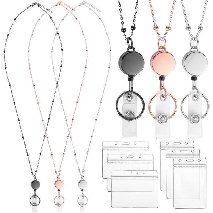 QD-2451 Multifunctional Metal Bead Chain Retractable Pulling Buckle ID Card Holder(Rose Gold)