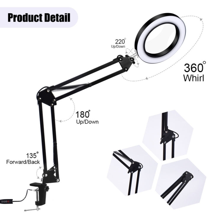 5X Magnifying Glass LED Folding Long Arm Clip Light Eye-protection USB Reading Lamp, Size: Large(Black)