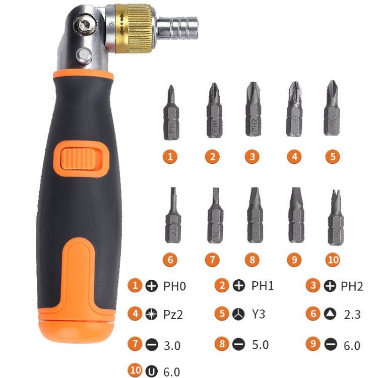 2050C Portable 10 In 1 Hidden Bits Multi-angle Ratchet Corner Screwdriver Set(Orange)