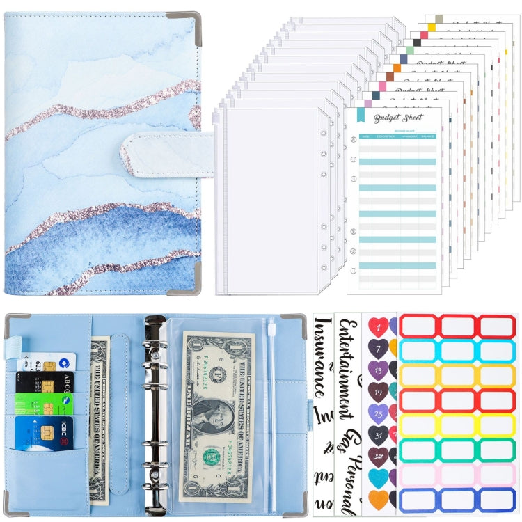 A6 Leather Loose-leaf Budget Book Handbook Notepad(Watercolor Blue)