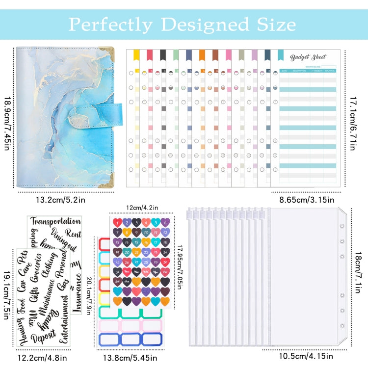 A6 Leather Loose-leaf Budget Book Handbook Notepad(Watercolor Blue)
