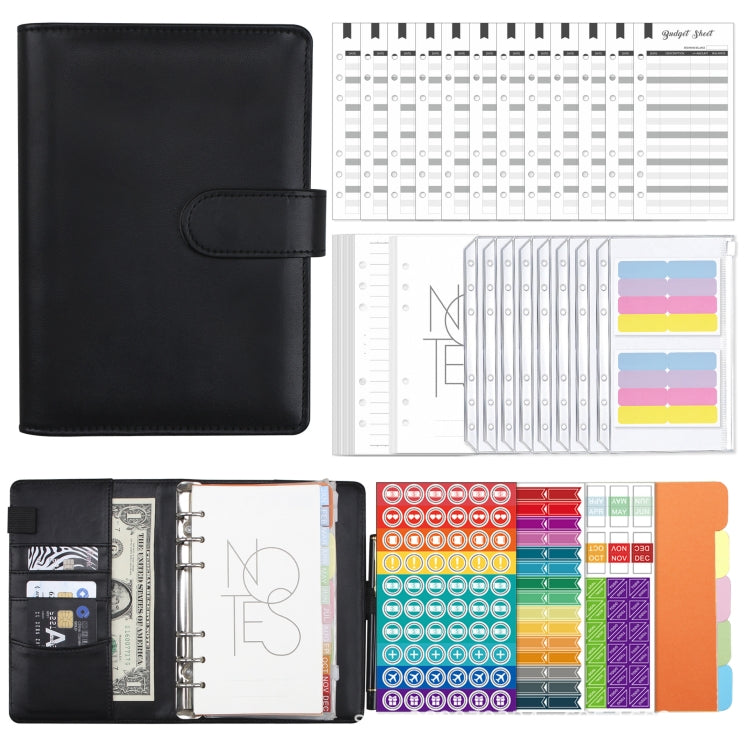 A6 Macaron PU Leather Loose-leaf Notebook Cash Budget Handbook(Black)