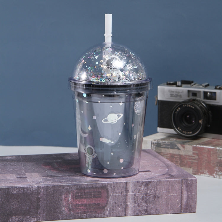 Double Star Plastic Cup Cartoon Water Cup With Straw, Color: 350ml Black