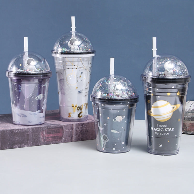Double Star Plastic Cup Cartoon Water Cup With Straw, Color: 450ml White